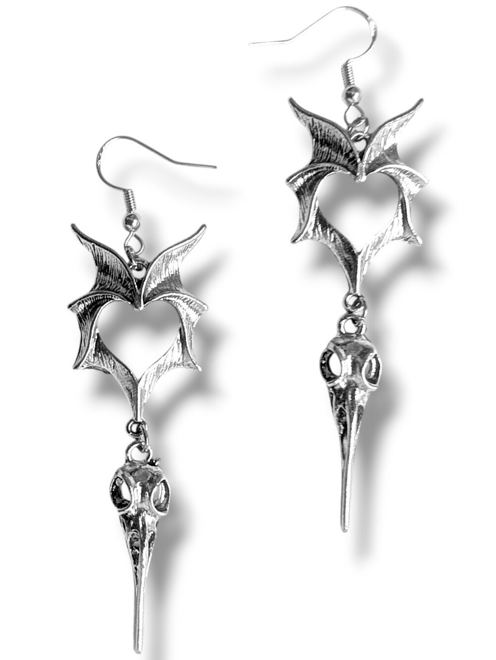NWT Handmade Silver Bat Wing Dangly Raven Skull Earrings
